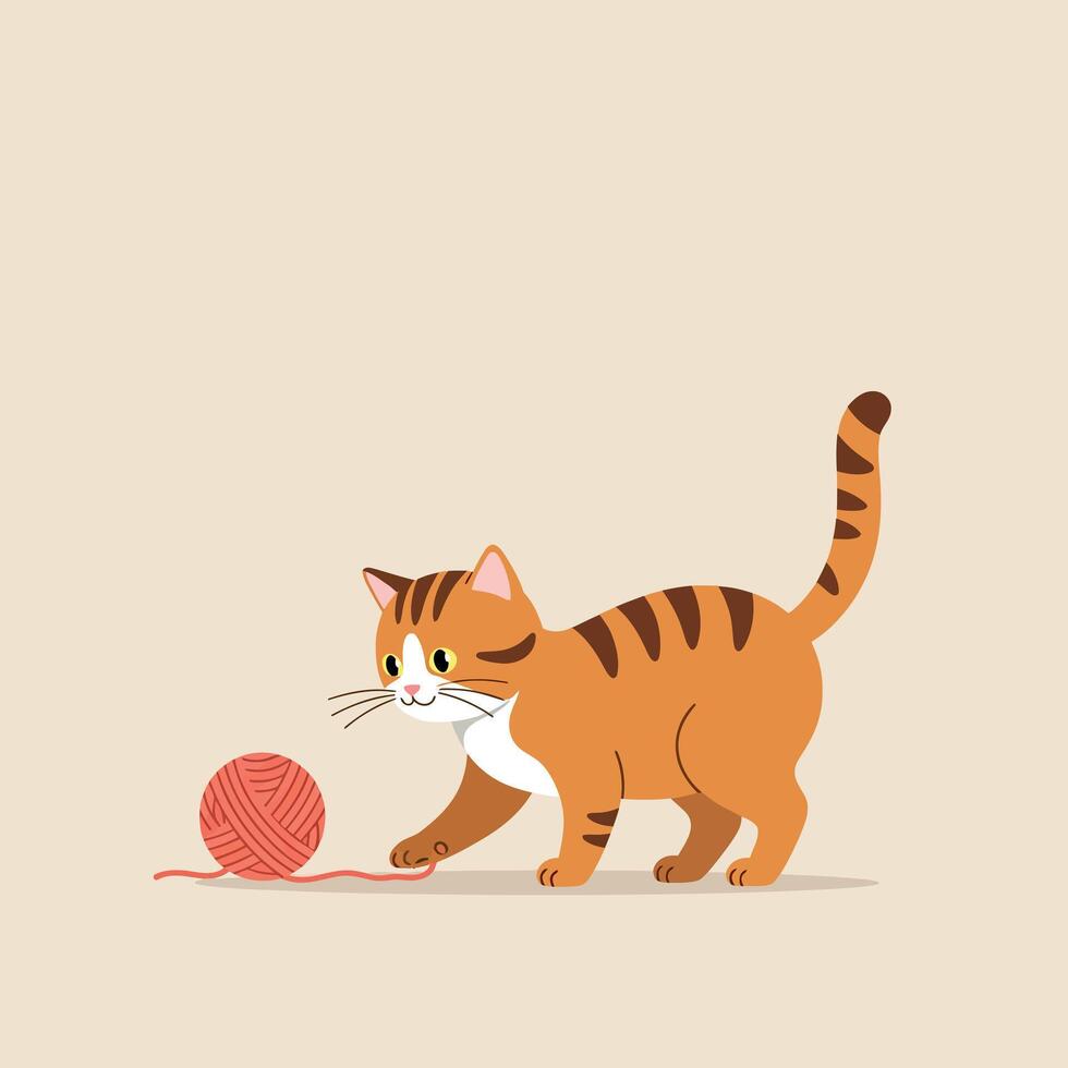 Playful orange tabby cat with ball of yarn in simple illustration design vector