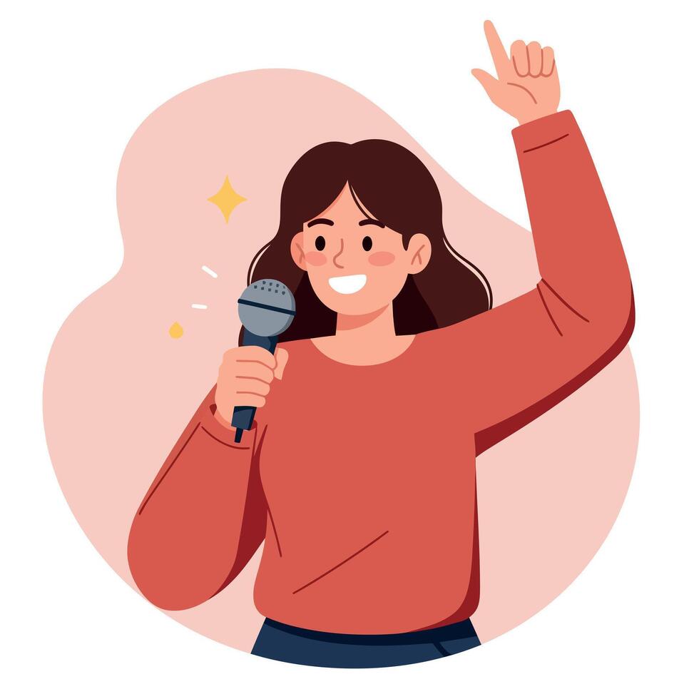 Young woman singing with microphone in red sweater cheerful expression illustration vector