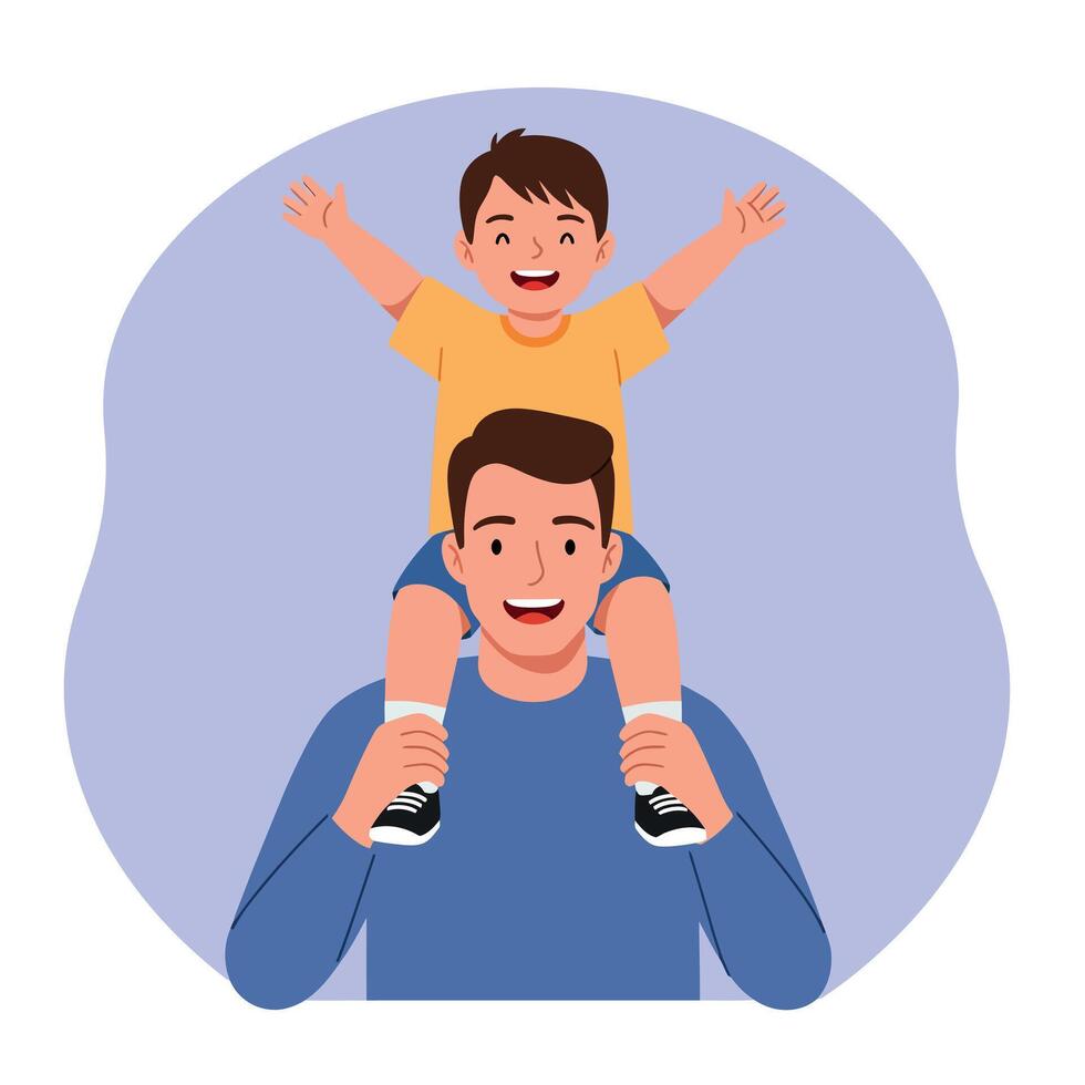 Father carrying son on shoulders happy joyful family moment illustration vector