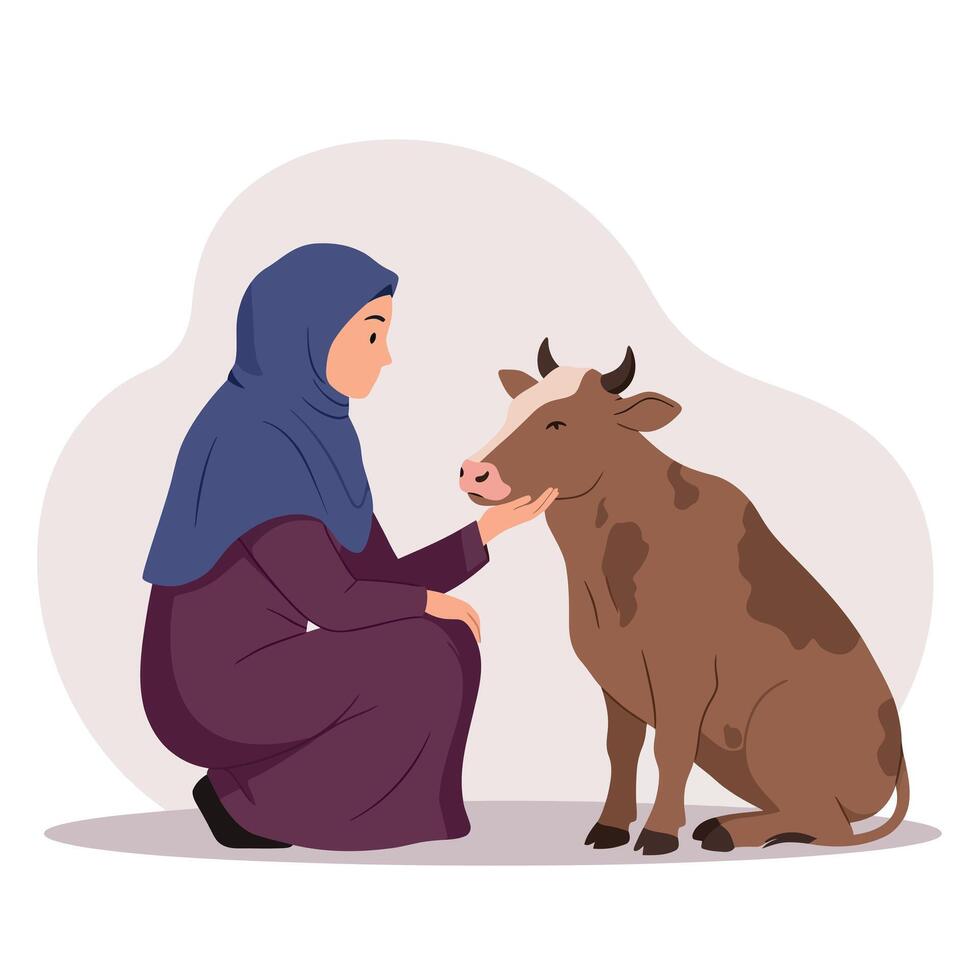 Woman in hijab petting brown spotted cow sitting on ground illustration peaceful interaction vector