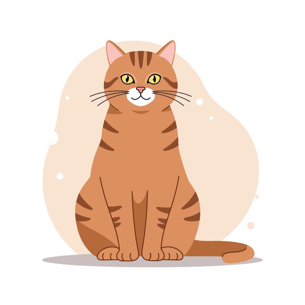 Brown Tabby Cat Sitting Calmly with Yellow Eyes Illustration in Minimalist Style vector