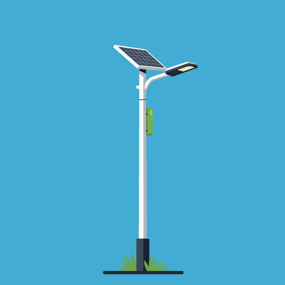 Solar powered street light with panel and battery on blue background illustration for energy saving vector