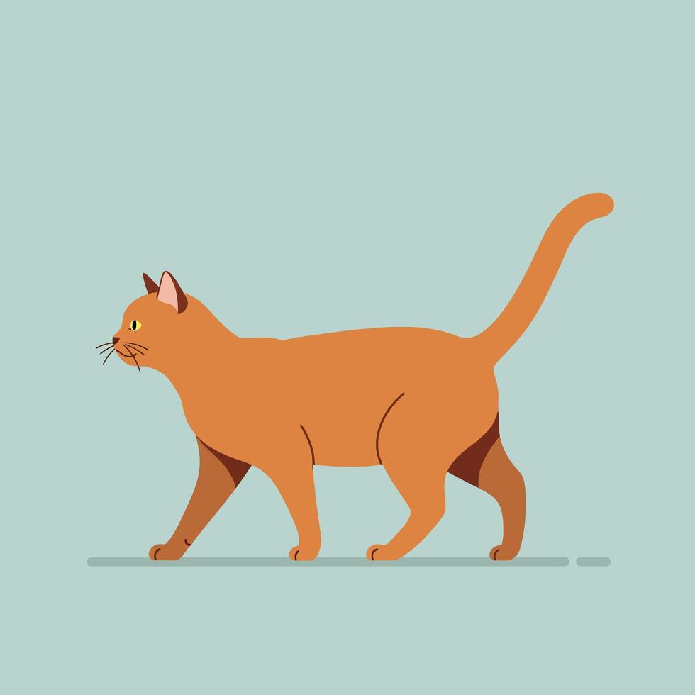 Orange cat walking on light blue background simple flat style illustration vector