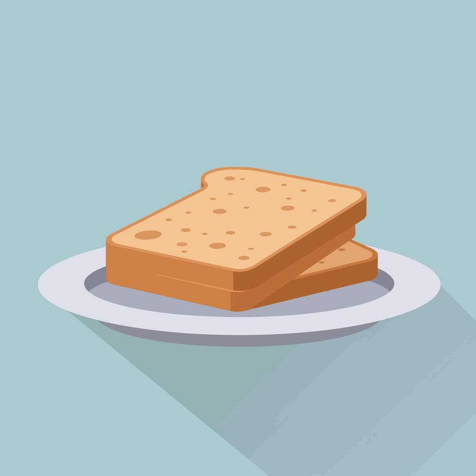 Toasted bread slices on white plate with shadow on blue background illustration vector