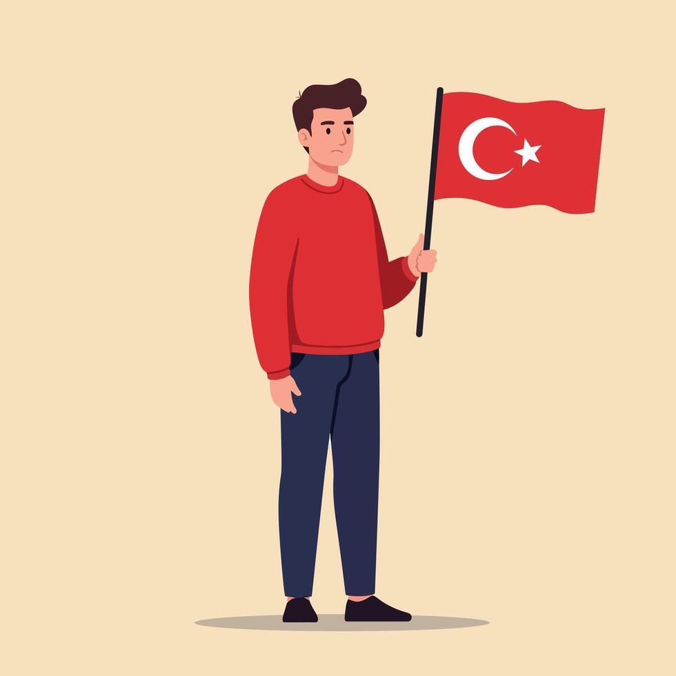Young man holding Turkish flag in red sweater and navy pants standing isolated on beige background illustration vector