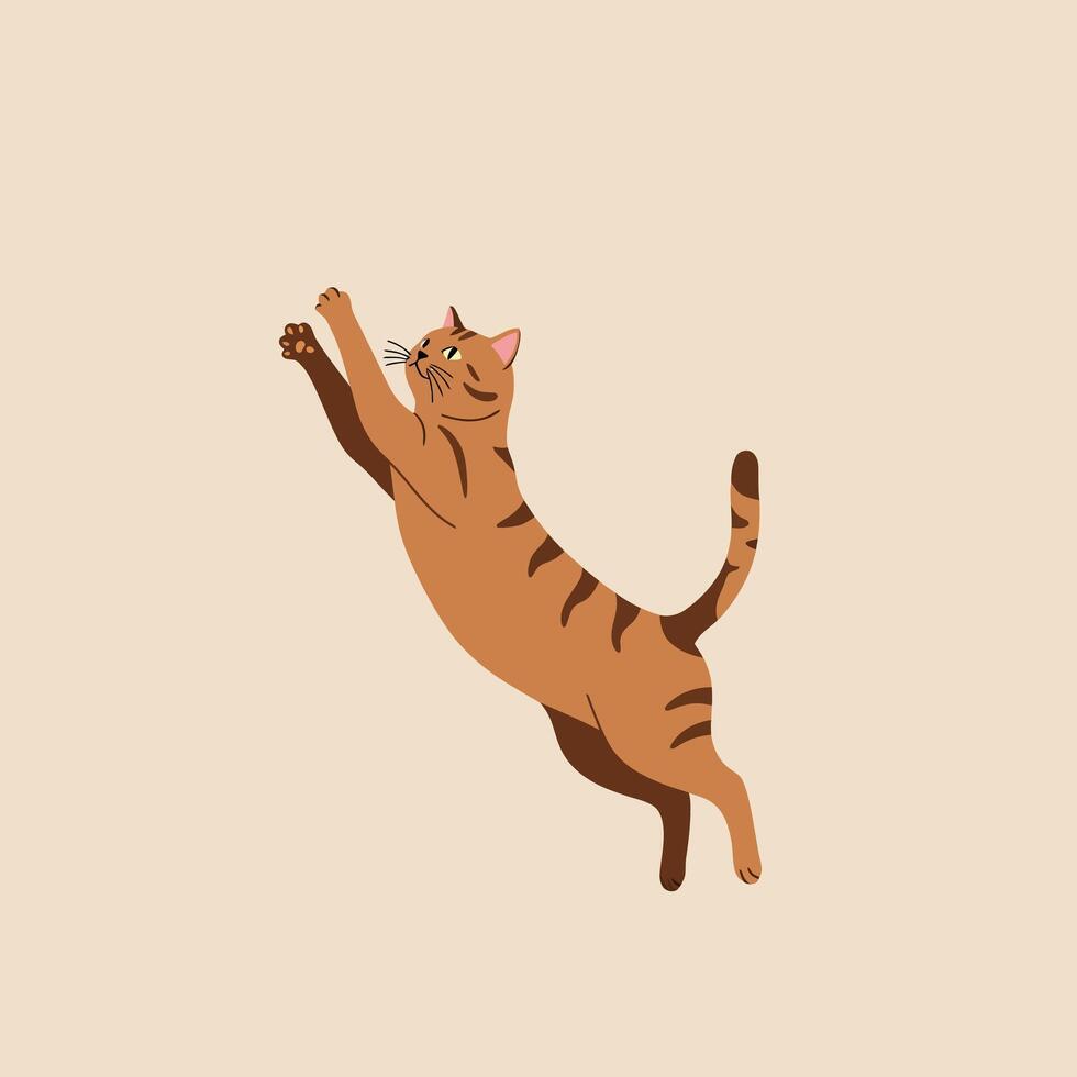 Brown Tabby Cat Leaping Playfully in Minimalist Illustration with Beige Background vector