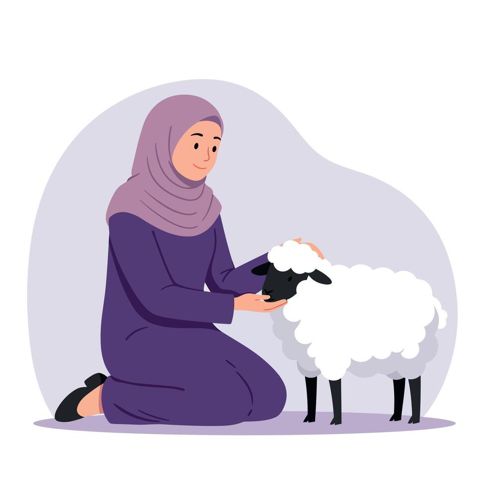Woman in purple hijab gently petting white sheep in peaceful countryside scene illustration vector