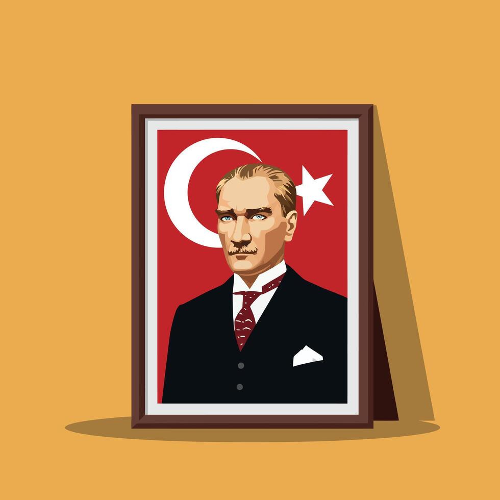 Mustafa Kemal Ataturk portrait illustration with Turkish flag background in golden tones vector