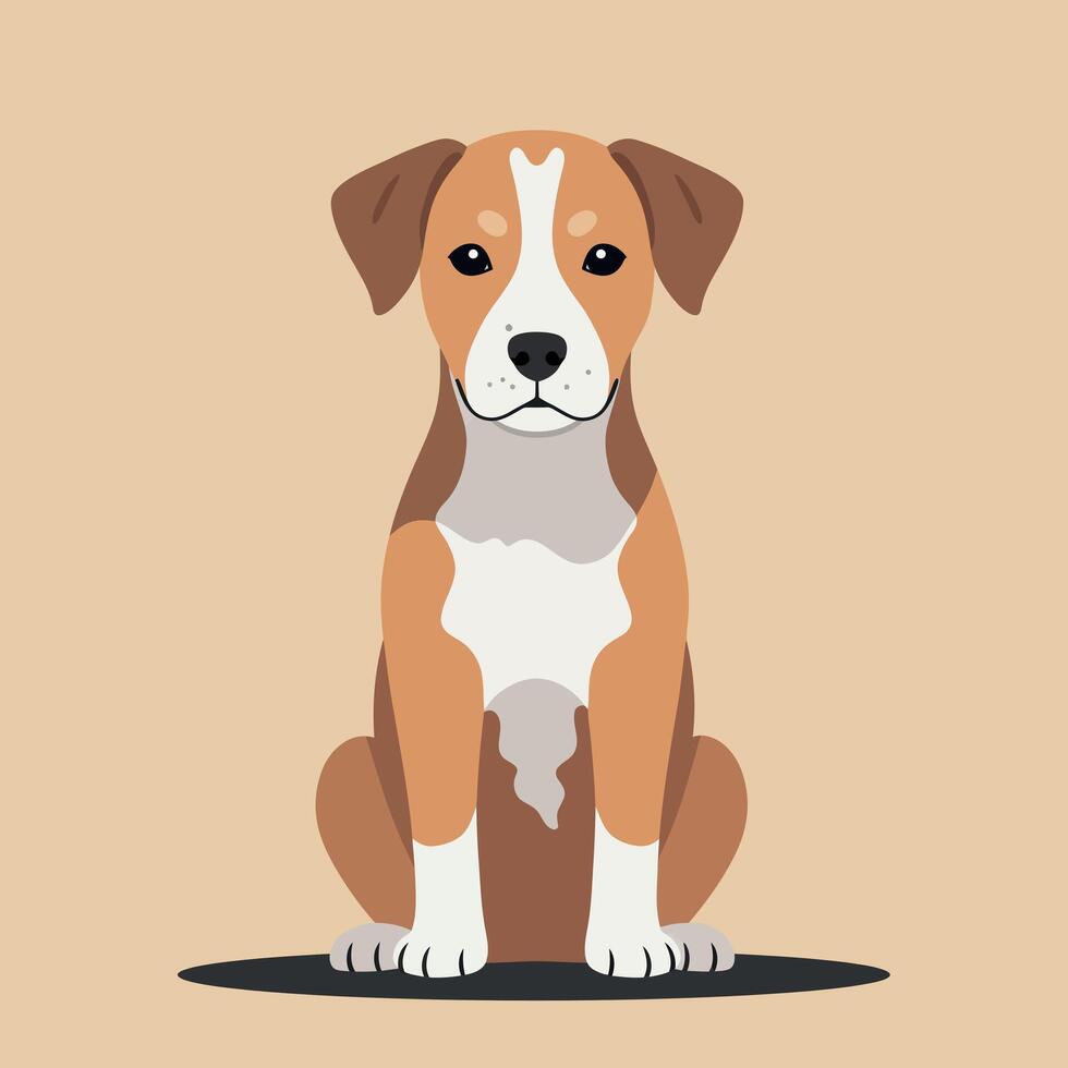 Sitting brown and white dog illustration with beige background and shadow effect in square format vector