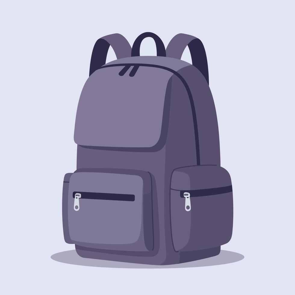 Purple backpack with multiple pockets and zippers illustration for travel and lifestyle use vector