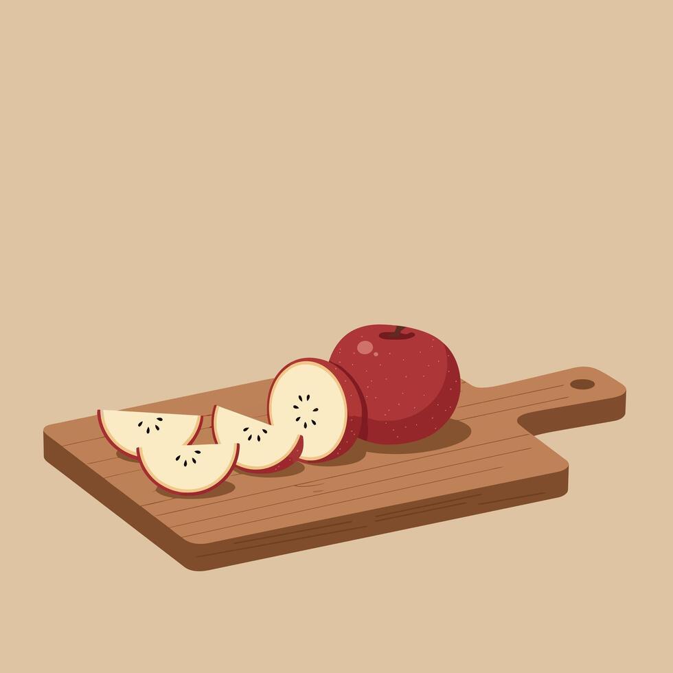 Red apple whole and sliced on wooden cutting board healthy fruit snack illustration vector