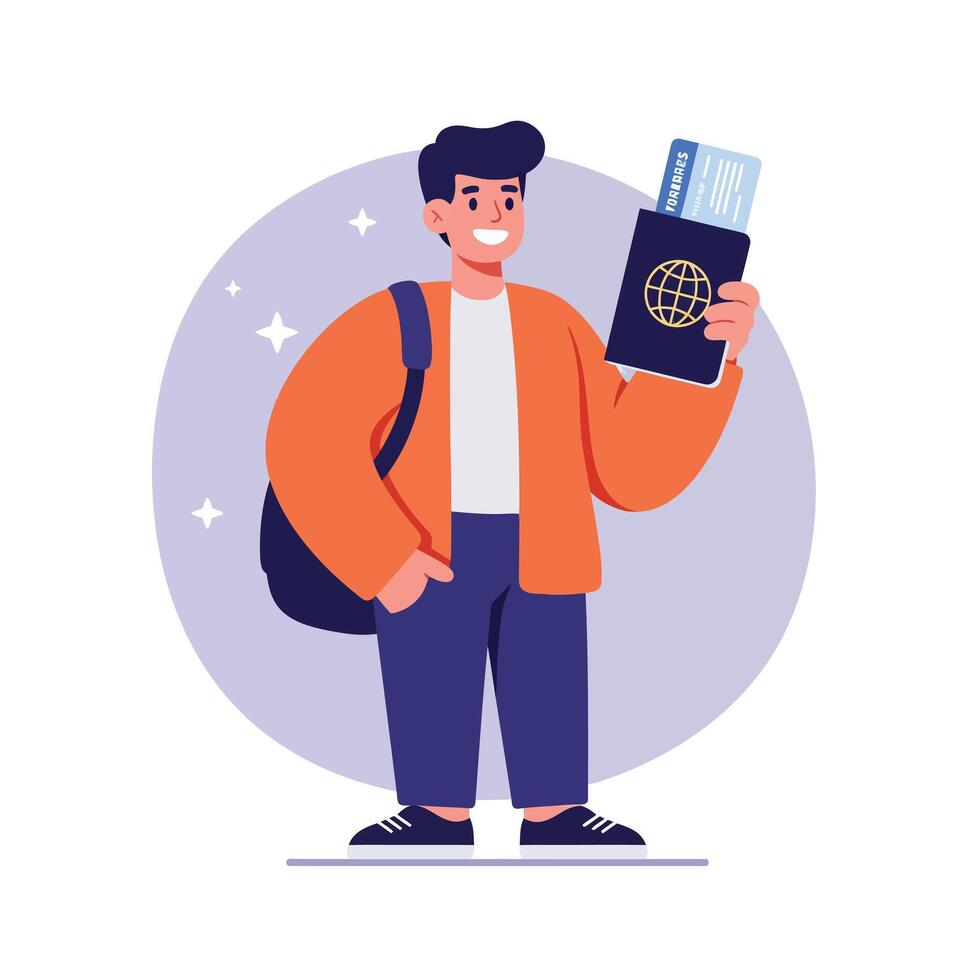 Young man holding passport and boarding pass preparing for travel with backpack in casual clothes illustration vector