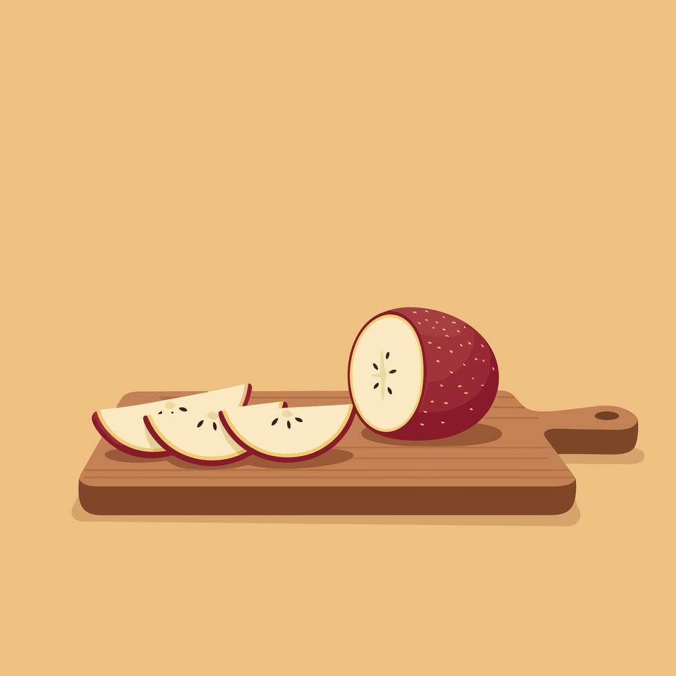 Red apple fruit sliced on wooden cutting board illustration in warm beige background natural food design vector
