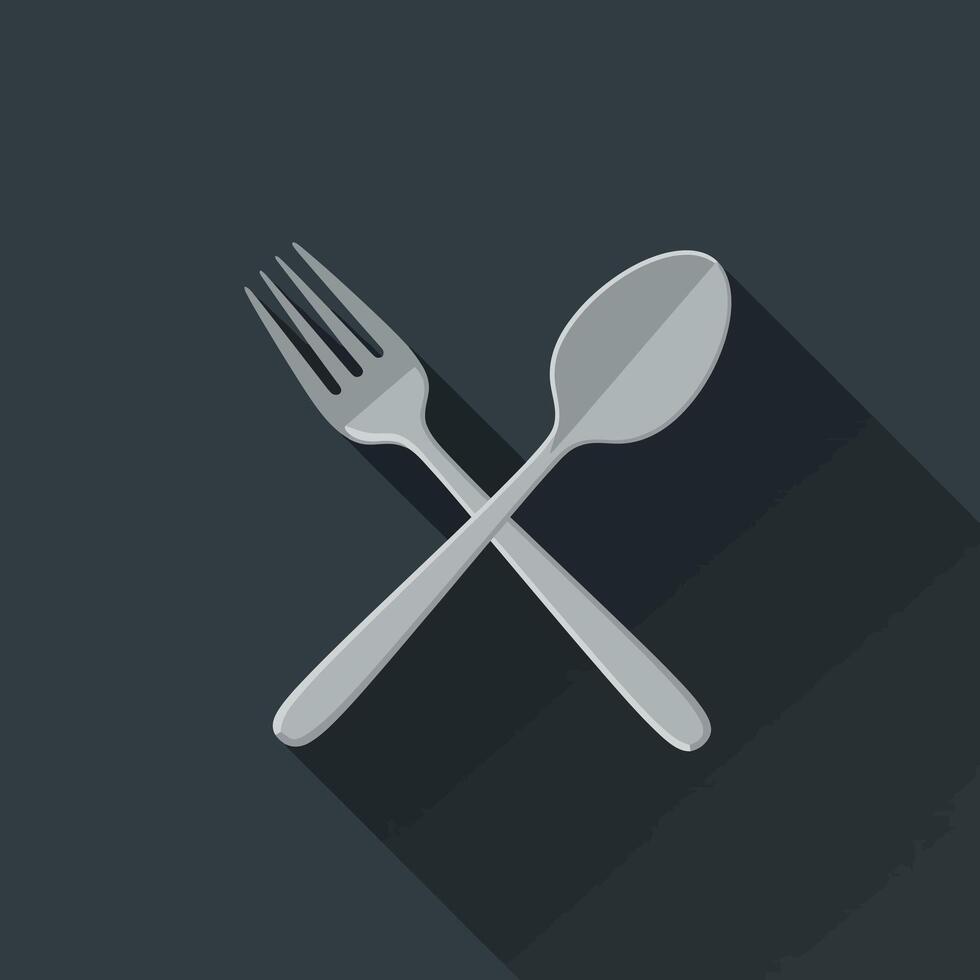 Fork and spoon crossed flat design icon with long shadow on dark background for food and dining concept illustration vector