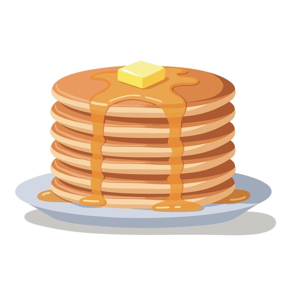 Stack of fluffy pancakes with butter and syrup dripping on white plate breakfast food illustration vector