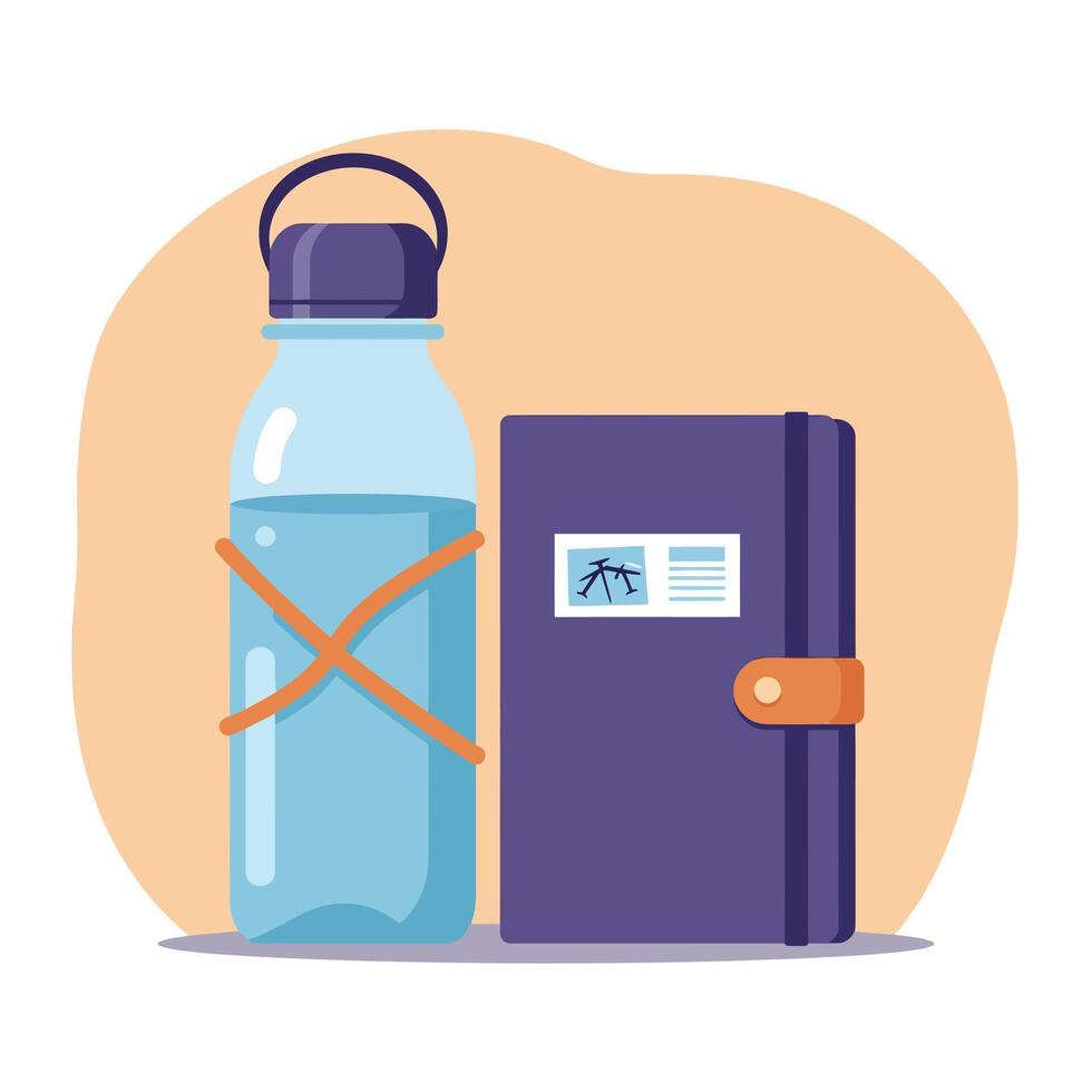 Reusable water bottle with purple notebook illustration for sustainable lifestyle and daily hydration habits vector
