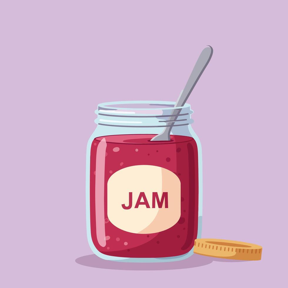Jar of red jam with spoon and two biscuits on purple background illustration vector