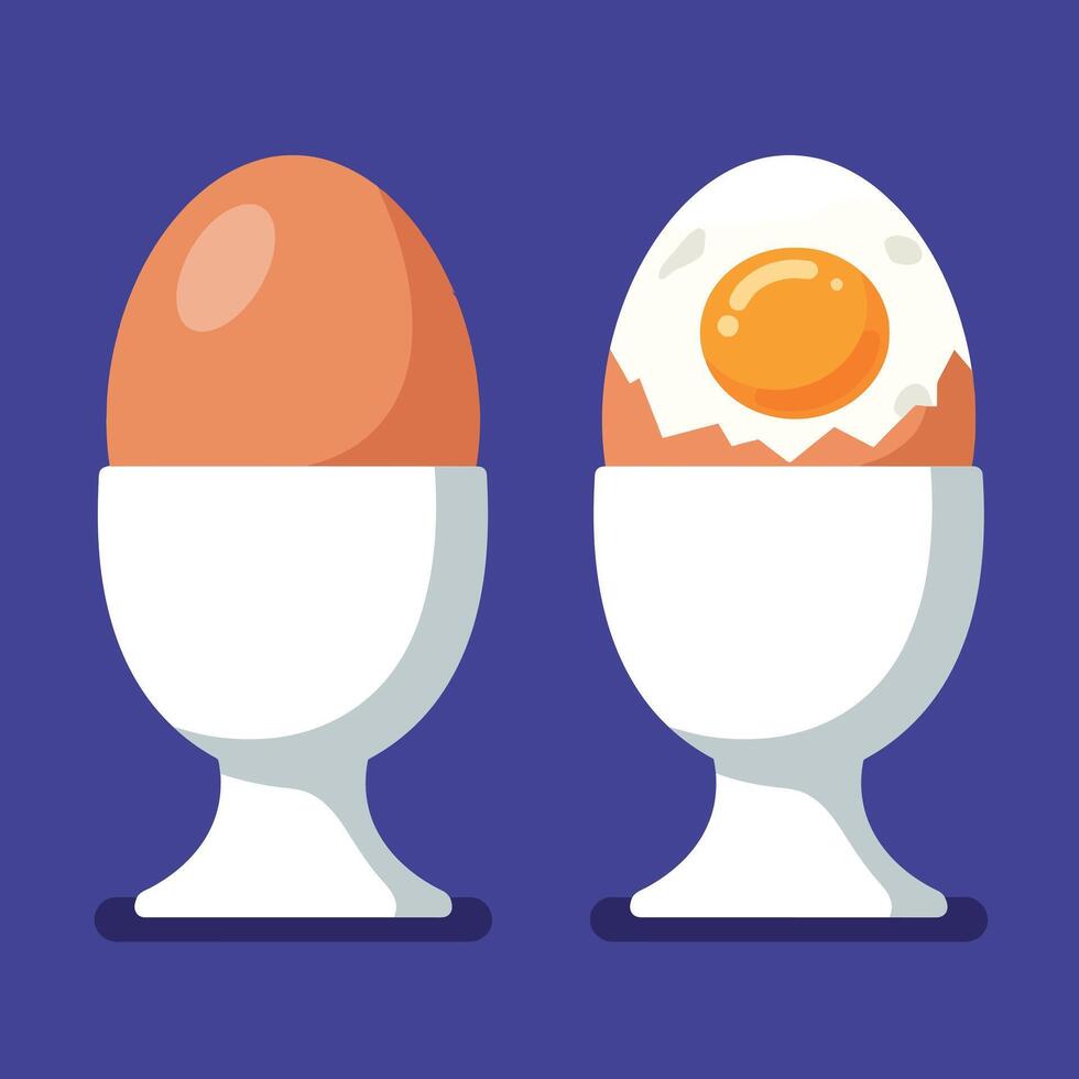 Soft boiled egg and peeled egg in white egg cups on purple background illustration vector