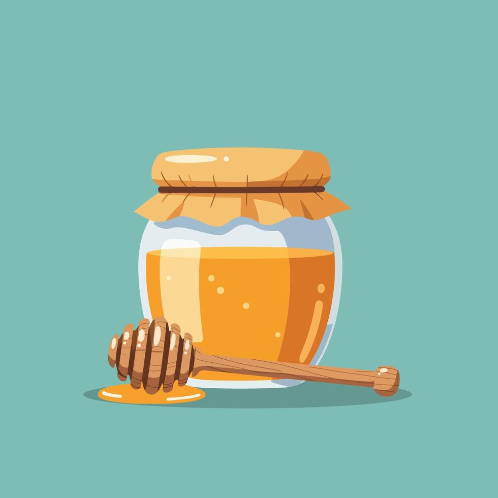 Honey jar with wooden dipper illustration on teal background showing sweet golden honey spread natural food vector