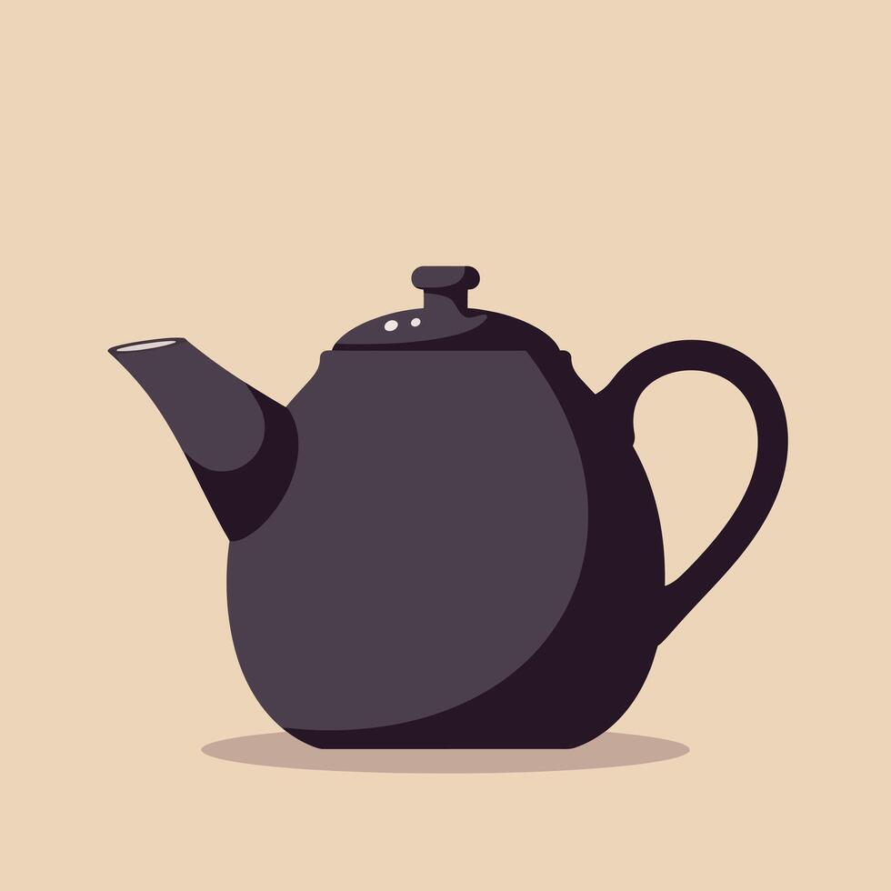 Black teapot illustration with rounded body and curved handle on beige background vector