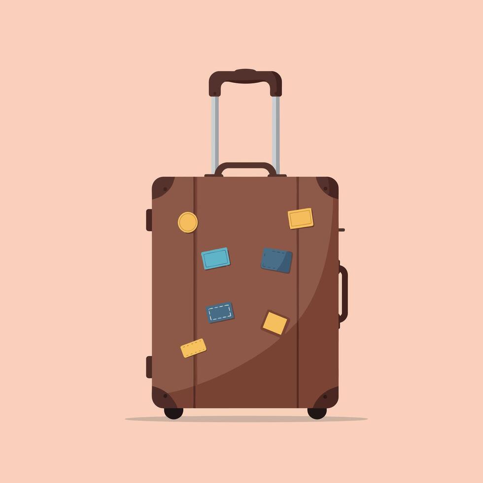 Brown travel suitcase with stickers and extended handle flat design illustration vector