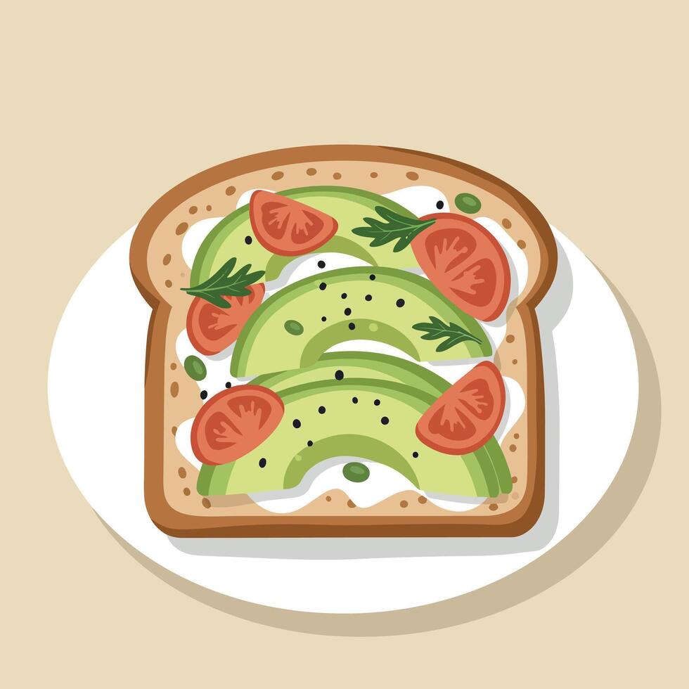 Avocado Toast with Tomato Slices and Herbs on White Plate Healthy Snack Illustration vector