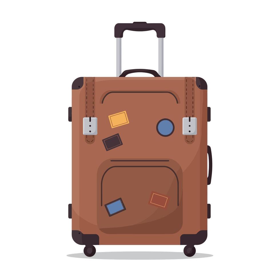 Travel suitcase with stickers and wheels ready for vacation and trip packing essentials illustration vector