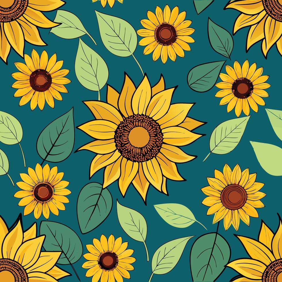 seamless pattern with sunflowers and leaves on a blue background vector