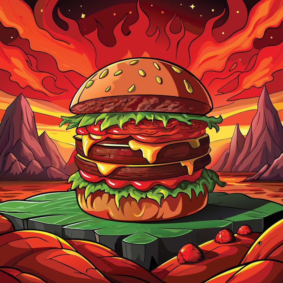 a cartoon burger with a red background and fire vector