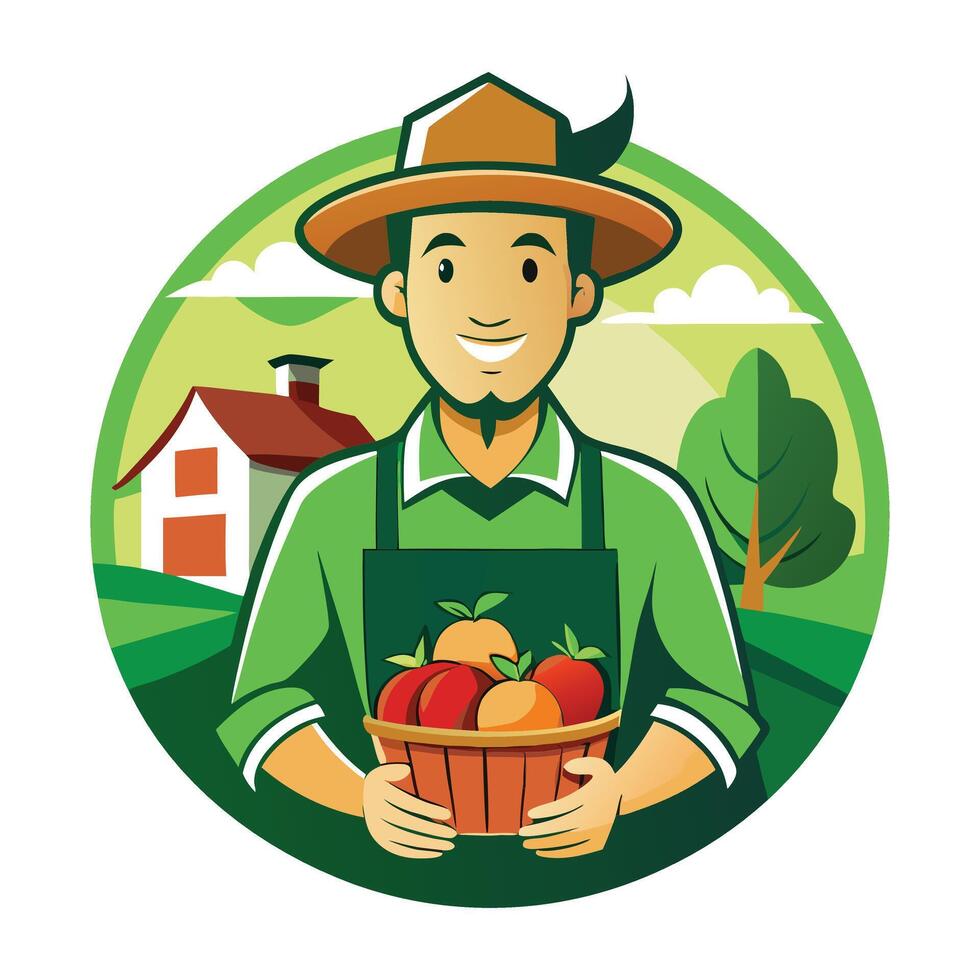 farmer holding basket of apples in front of farm house vector