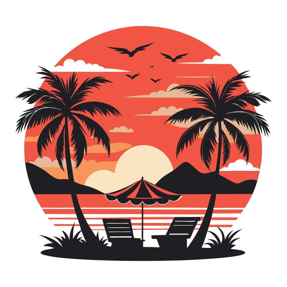 tropical sunset with palm trees and chairs vector