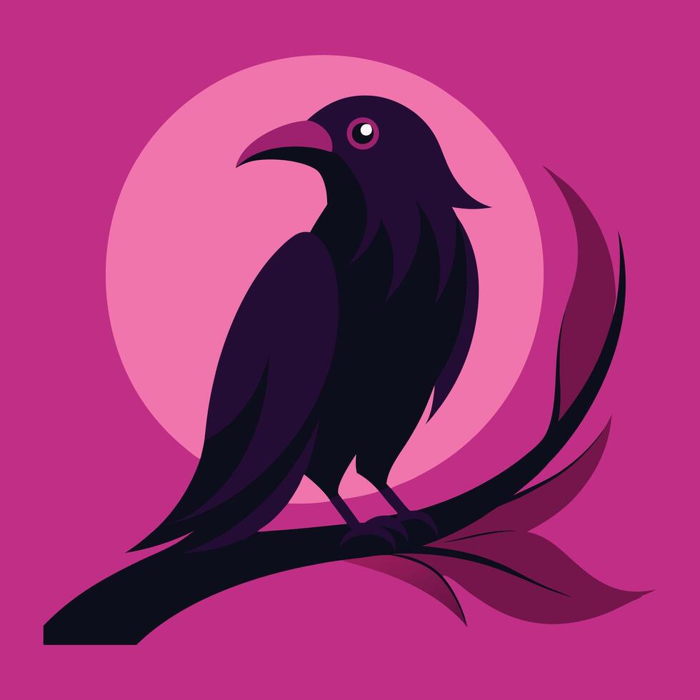a black crow sitting on a branch with a pink background vector