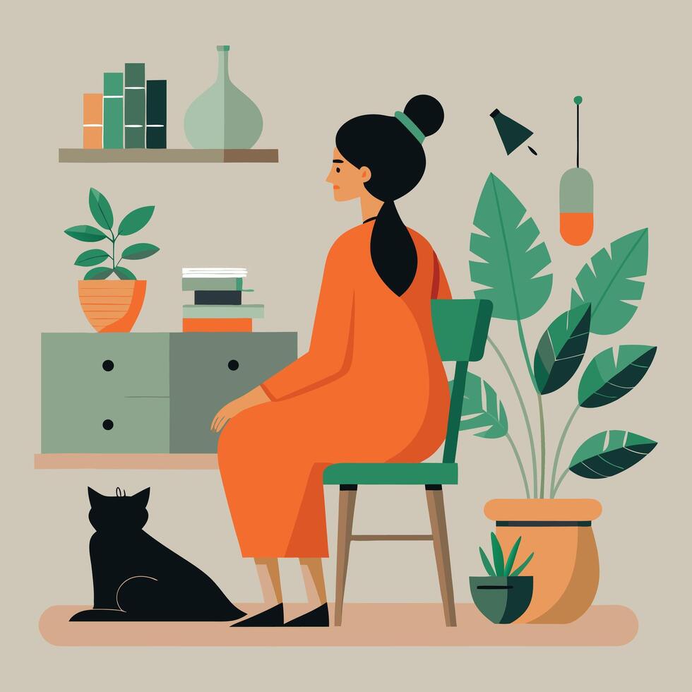 a woman sitting on a chair with a cat vector