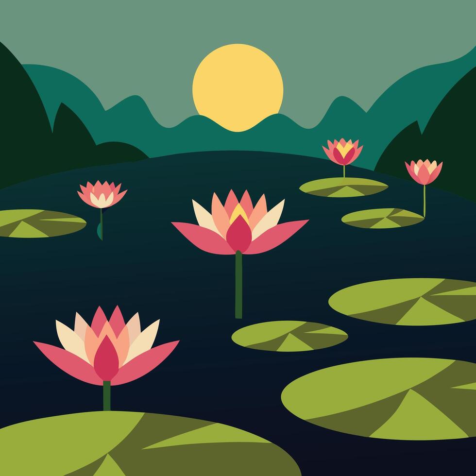 lotus flowers in the water at sunset vector
