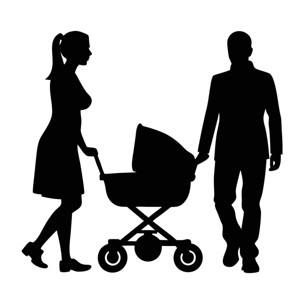 silhouette of a man and woman pushing a baby carriage vector