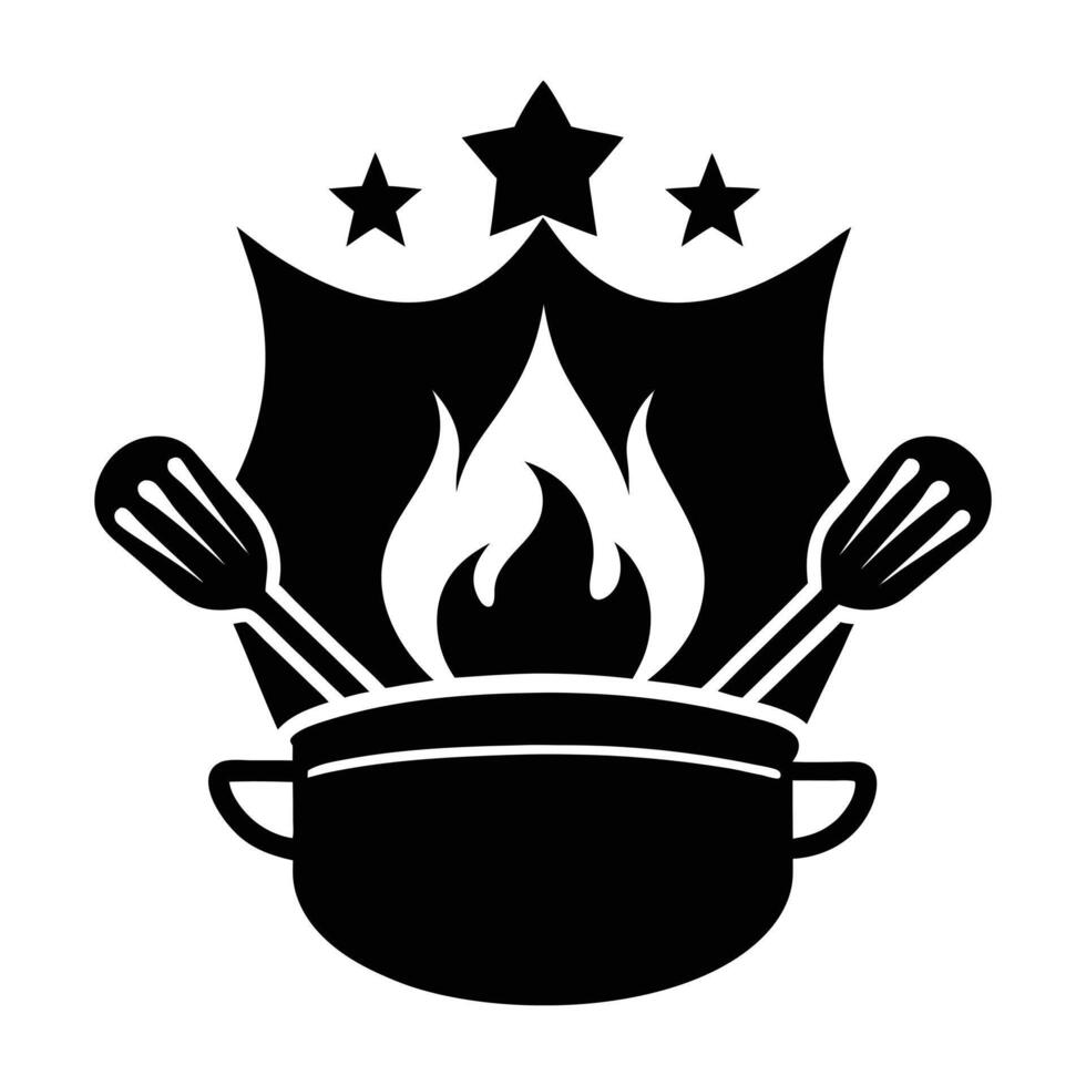 a black and white logo of a pot with a flame and two forks vector