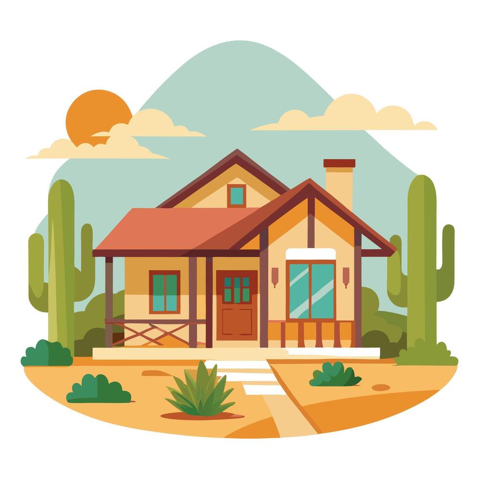 a house with cactus plants and a sun in the background vector