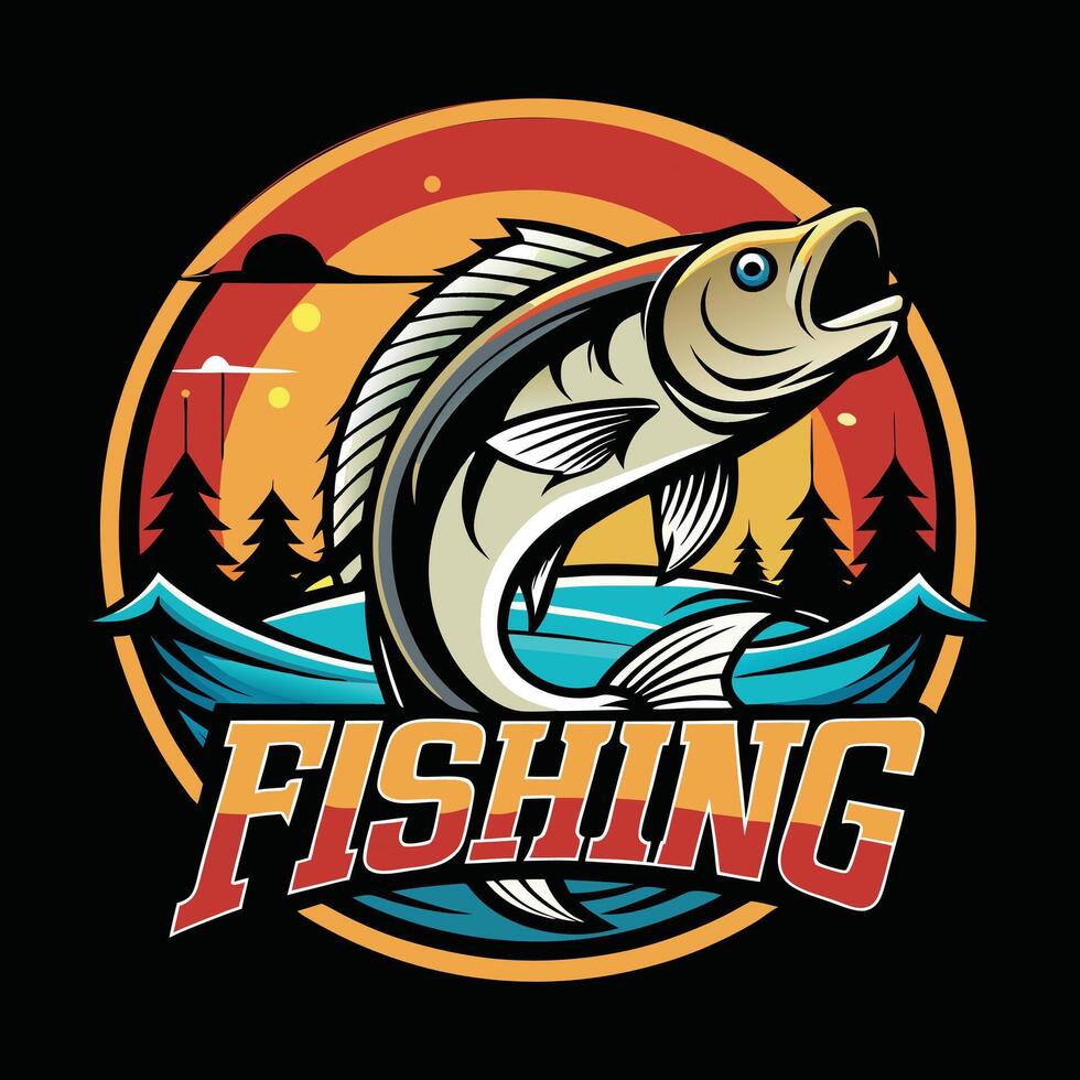 fishing logo design with a fish jumping out of the water vector