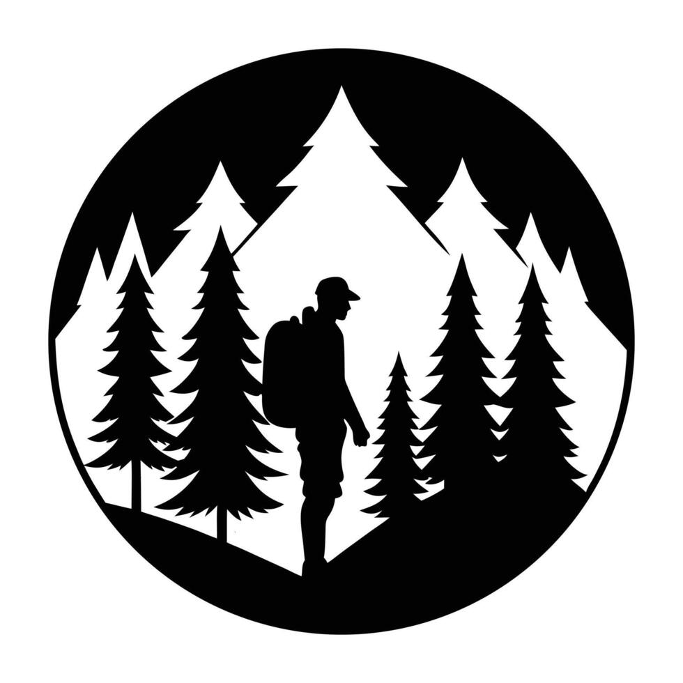 a silhouette of a man walking through the woods vector