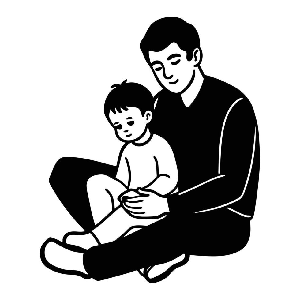 a black and white illustration of a man sitting with his son vector