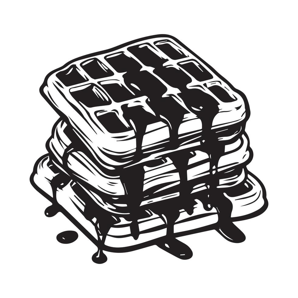 Belgian Waffle Stack with Dripping Chocolate Sauce, Monochrome Dessert Illustration Stock Image vector