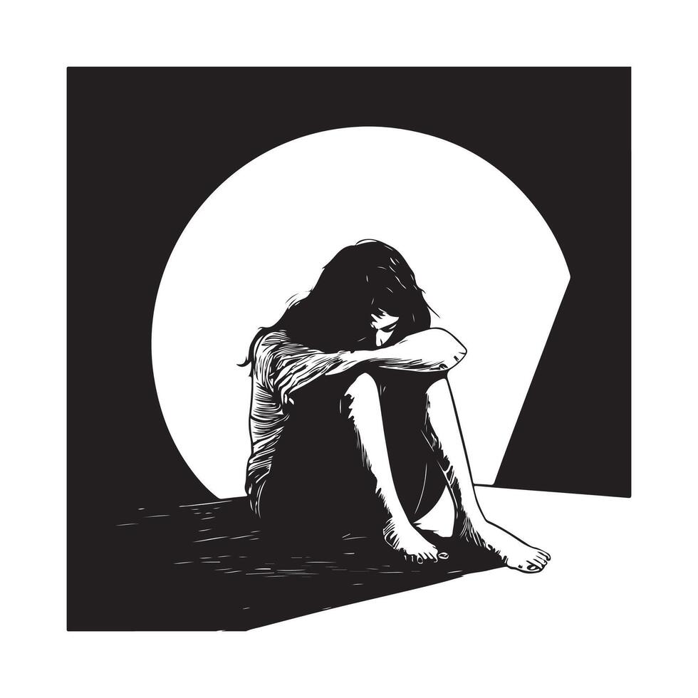 A woman sad depressed sitting along isolated on white background vector