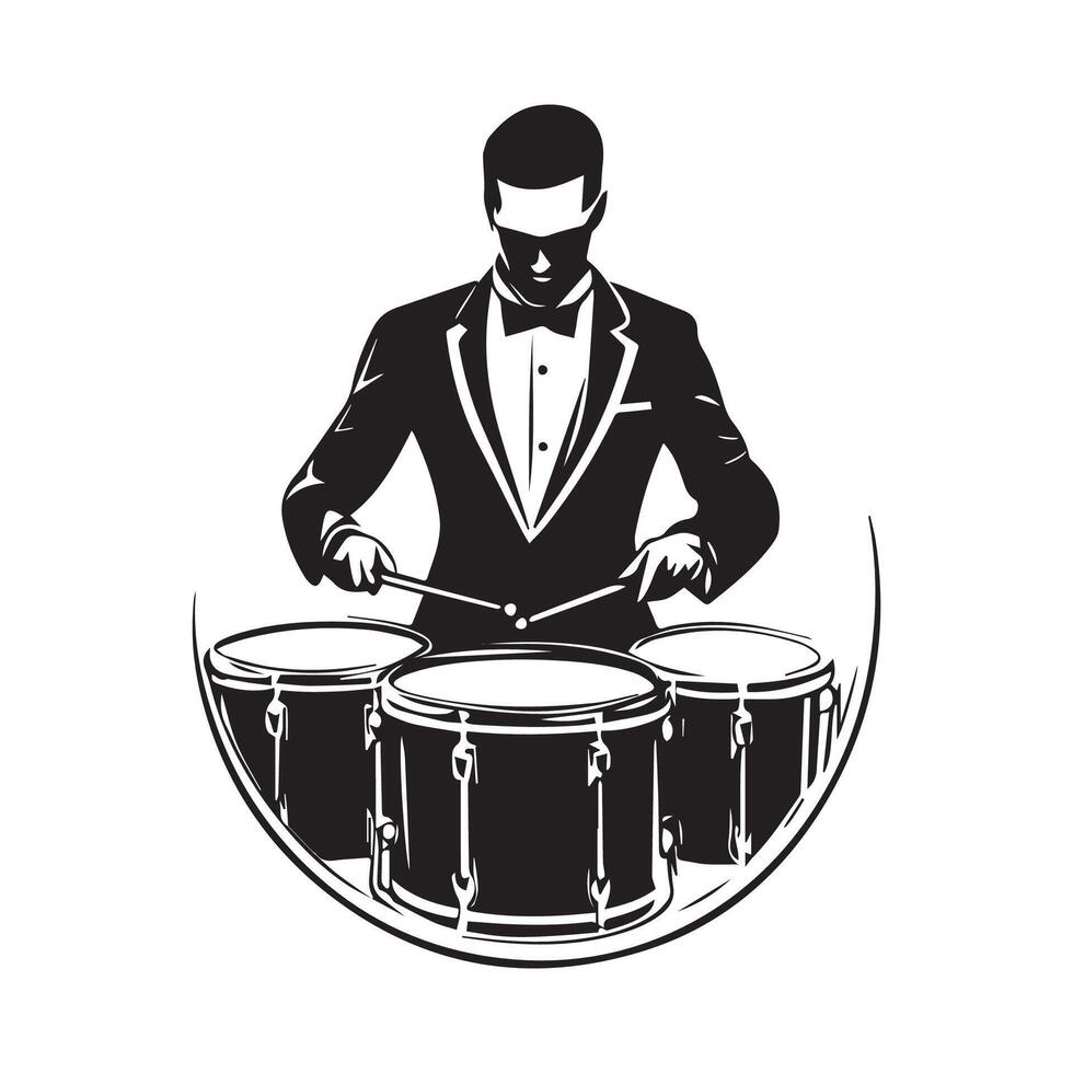 Silhouette Marching Band Drummer in Black Silhouette with Detail, Isolated Image on white background vector