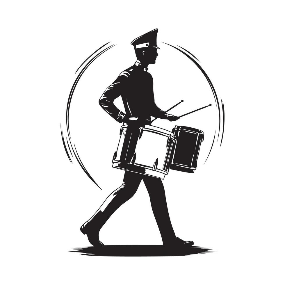 Marching Band Drummer in Black Silhouette with Detail, Isolated Image on white background vector