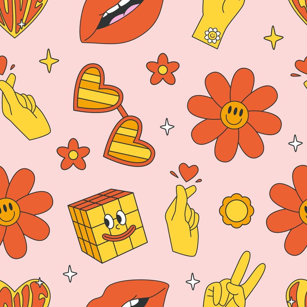 Seamless pattern in trendy groovy retro cartoon style. Funny retro background with groovy elements. Hippie 60s, 70s style. vector