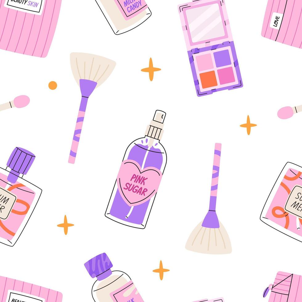 Cosmetic products seamless pattern. Background with different decorative cosmetics. Trendy hand drawing flat style. vector
