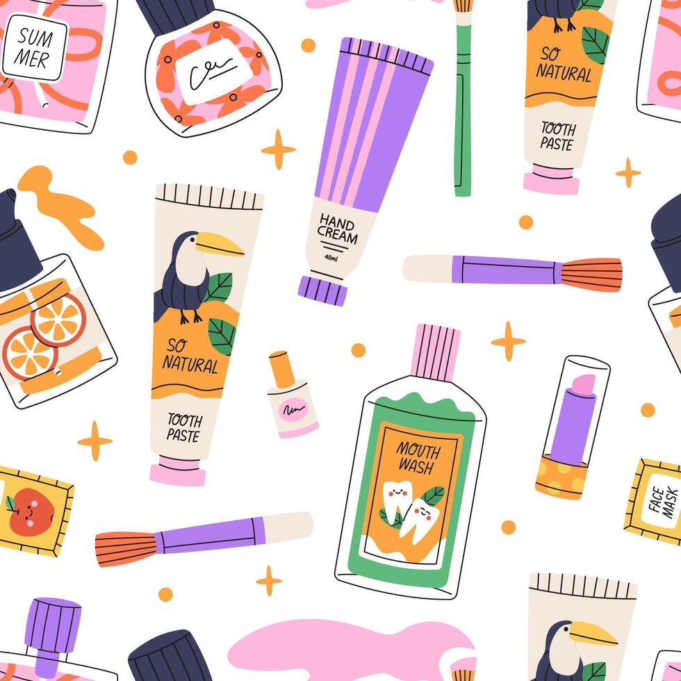 Self care products seamless pattern. Background with different decorative cosmetics, care for teeth, skin care. Trendy hand drawing flat style. vector