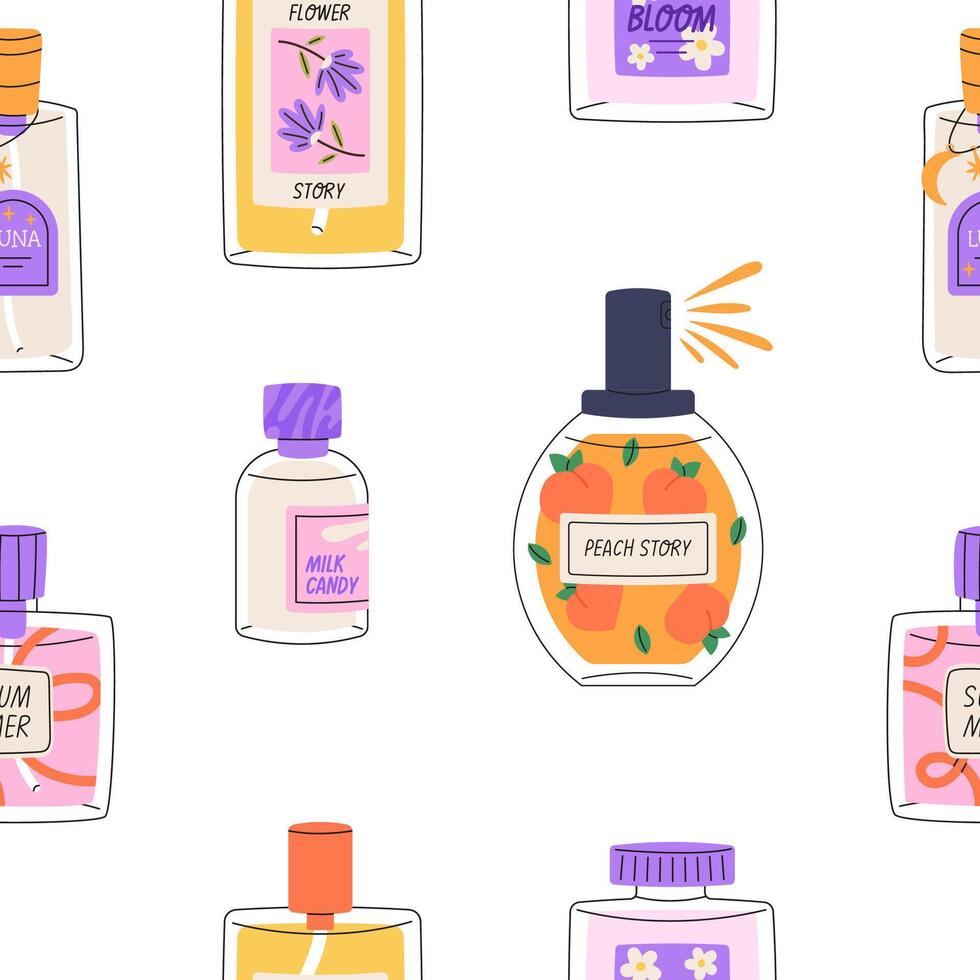 Cosmetic products seamless pattern. Trendy hand drawn flat style. vector