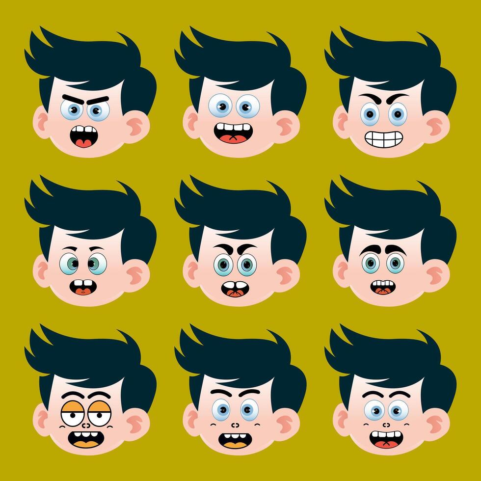 Cartoon sticker design on character faces, abstract mascot funny sticker vector