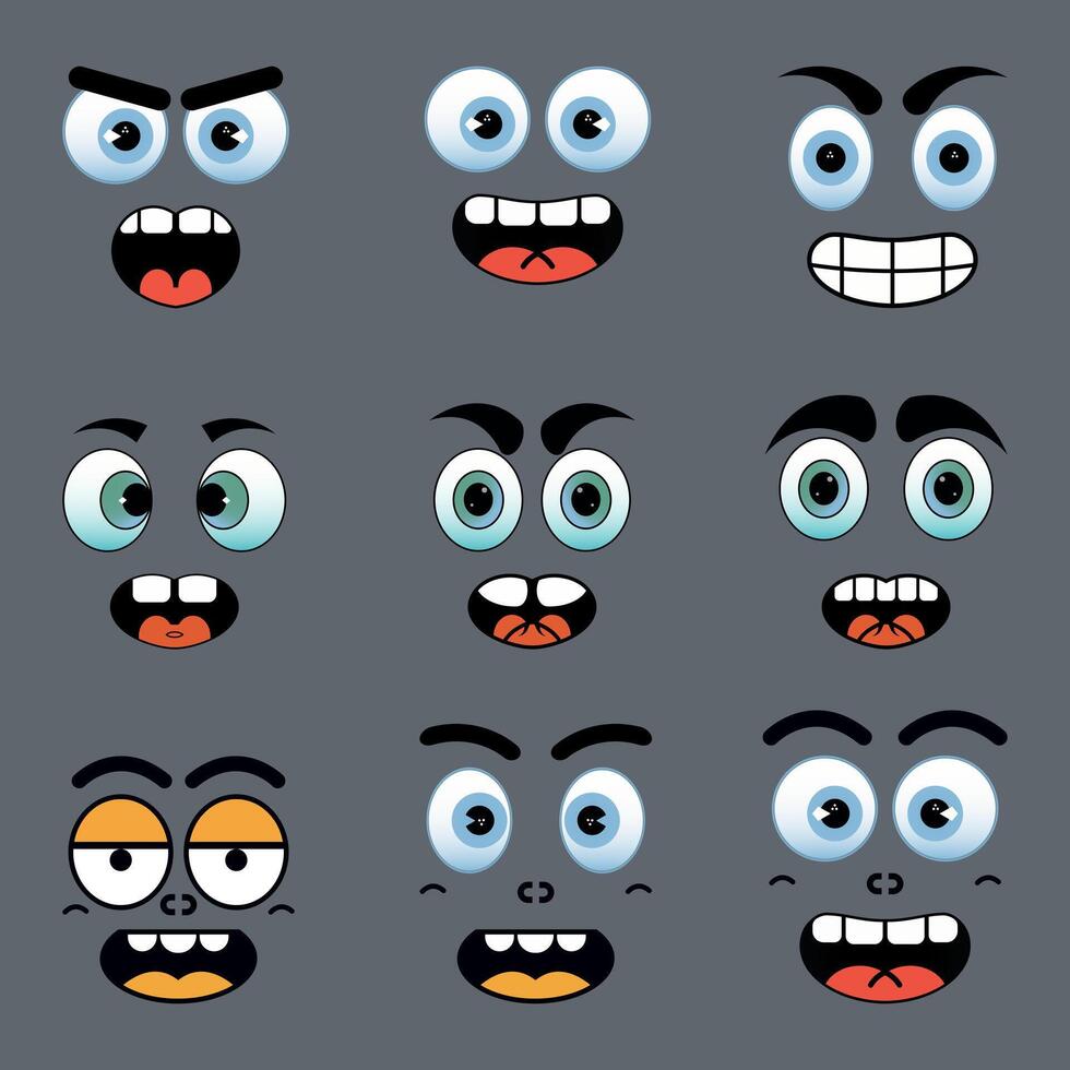 Funny cartoon character faces, abstract mascot sticker and badges in happy, angry expression vector